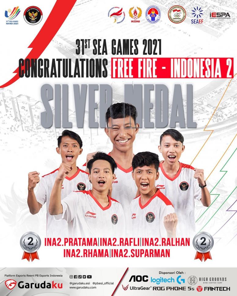 Tim nasional Free Fire Indonesia 2 (Rajawali) menyumbangkan medali perak di eSports SEA Games 2021.  (Instagram/garudaku.esi)